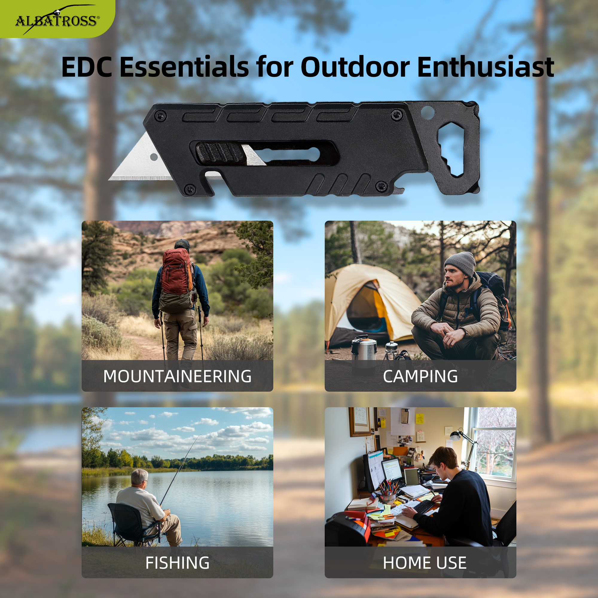 ALBATROSS Utility Knife - Multi-Tool with 3 SK5 Replaceable Blades, Screwdrivers, Wrench, Rope Cutter, and Bottle Opener, Aluminum Handle (Black)