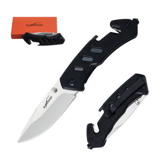 ALBATROSS 7" Classic Multifunction Folding Knife with Satin Coated Blade, Bottle Opener, Glass Hammer, and Rope Cutter - Black Aluminum Handle, AS-23265