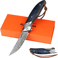 ALBATROSS HGDK028 Damascus Folding Pocket Knife with Blue Fluorescent Carbon Handle, Ball Bearing Assisted Opening, 3" Blade, EDC Knife with Liner Lock