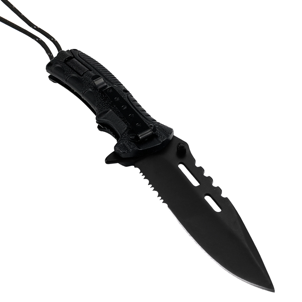 ALBATROSS FK020 Multifunctional Spring-Assisted Camping Pocket Knife - 3.5" Black Blade, 4.75" Handle, with Built-in Fire Starter, Whistle, Paracord, and Liner Lock Essential EDC Tool (BLACK)