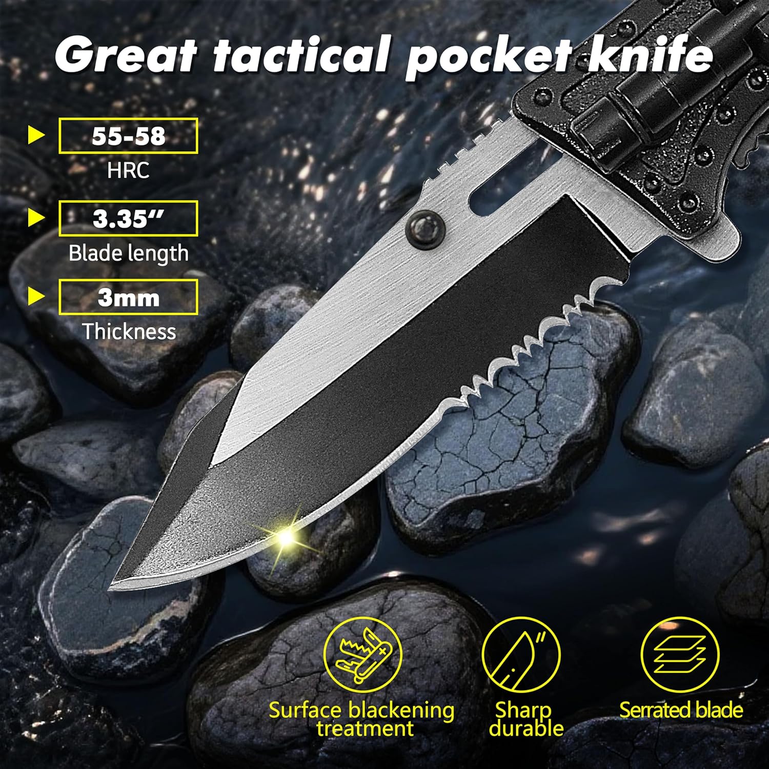 ALBATROSS FK017 EDC 5-in-1 Tactical Knife Outdoor Multi-Functional Tool with Glass Breaker, Seatbelt Cutter, Serrated Blade, Flashlight, and Carrying Bag