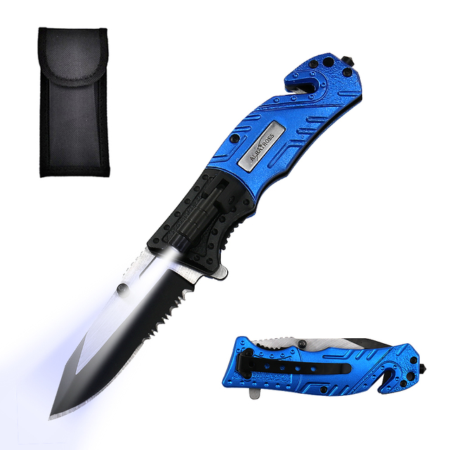 ALBATROSS FK017 EDC 5-in-1 Tactical Knife Outdoor Multi-Functional Tool with Glass Breaker, Seatbelt Cutter, Serrated Blade, Flashlight, and Carrying Bag