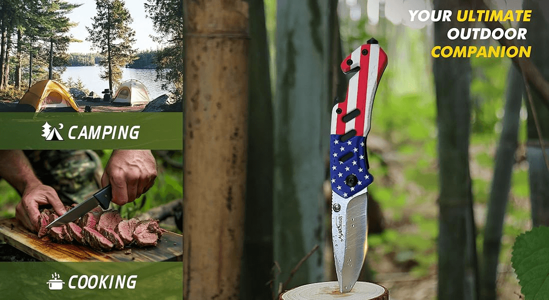 folding camping knife with outdoor cooking and camping gear