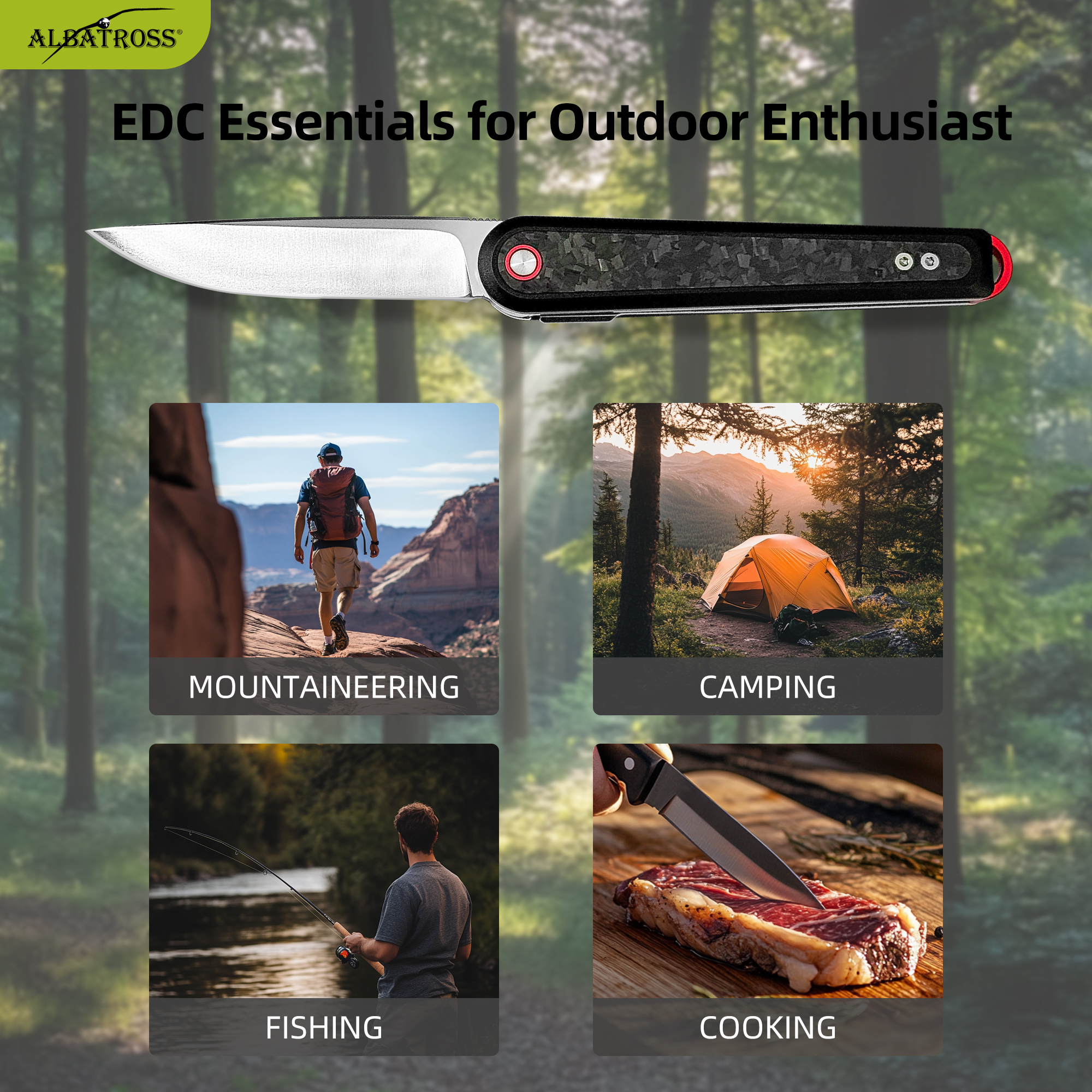 ALBATROSS 7.8" Classic D2 Blade Folding Pocket Knife, Aluminum & Carbon Fiber, Wood Handle, CNC Machined, Reversible Clip, Gift Boxed AS-24635 Series