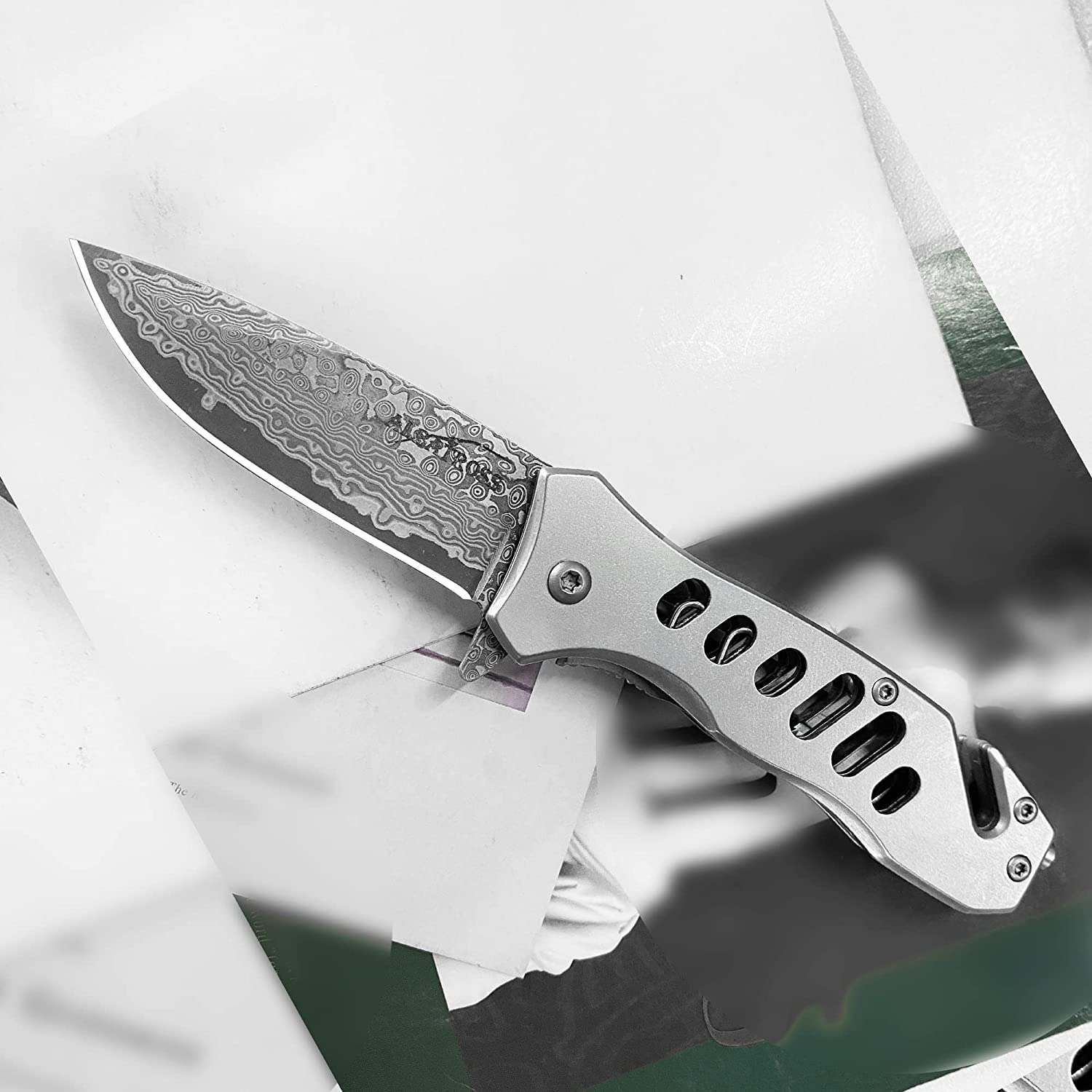 ALBATROSS FK003 Gray EDC Damascus Steel Tactical Folding Pocket Knife,SpeedSafe Spring Assisted Opening Knifes with Liner Lock,Pocketclip,Glass Breaker,Seatbelt Cutter