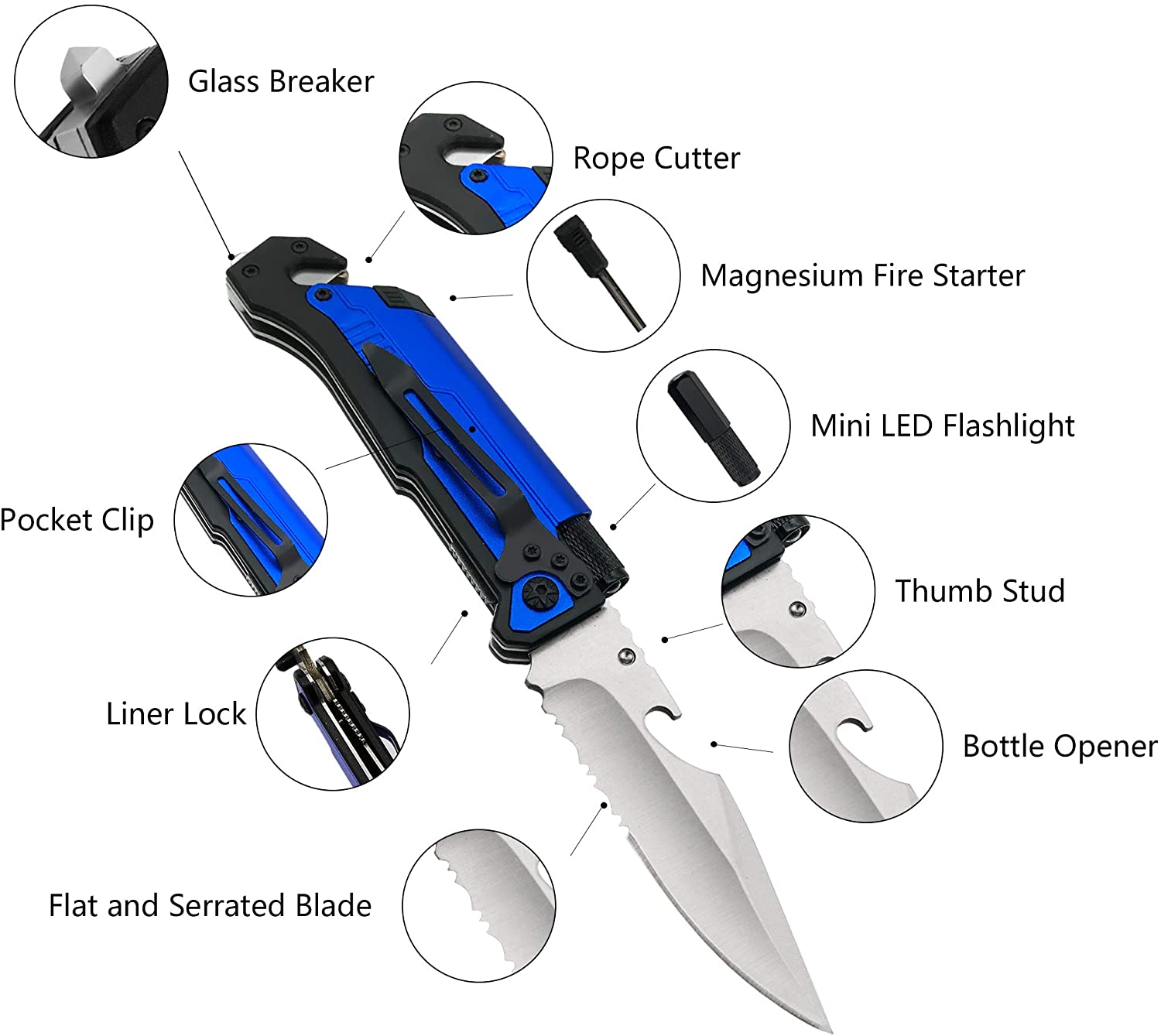 ALBATROSS 6-in-1 Survival Tactical Folding Pocket Knife with LED Light, Seatbelt Cutter, Glass Breaker, and Fire Starter (BLUE-SA)