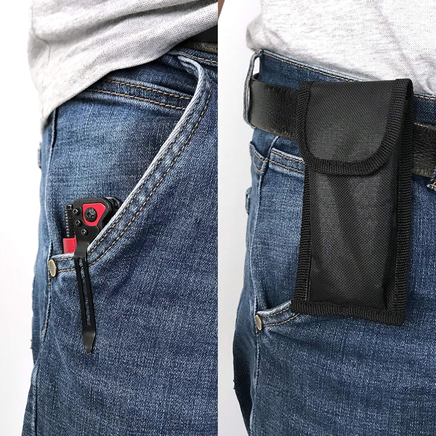 ALBATROSS 6-in-1 Damascus Steel Folding Pocket Knife with LED Light, Seatbelt Cutter, Glass Breaker, Fire Starter, Bottle Opener - Multi-Function Emergency Tool (RED)