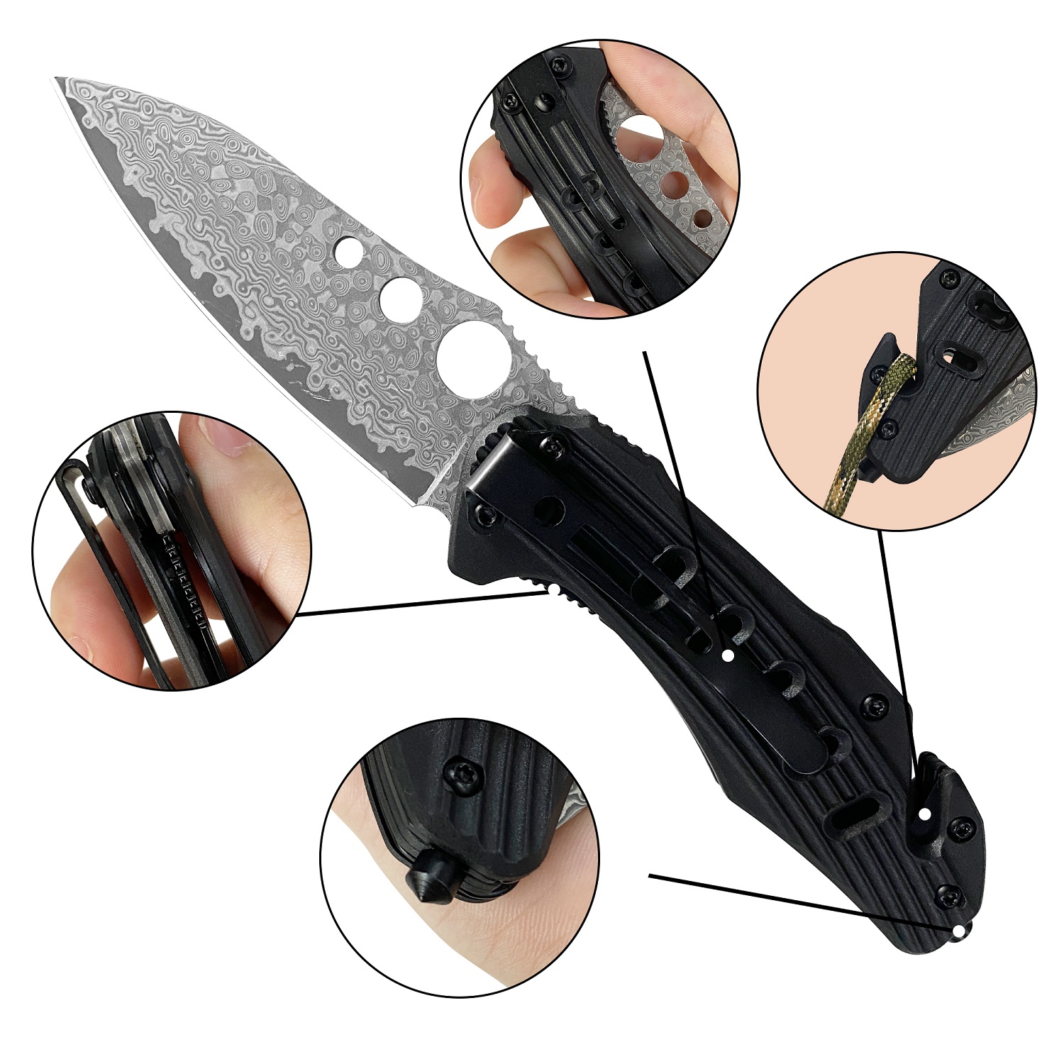 ALBATROSS folding knife for everyday use, modern damascus steel blade pocket knife with Seatbelt Cutter and Glass Breaker, 4" Ultra light to carry