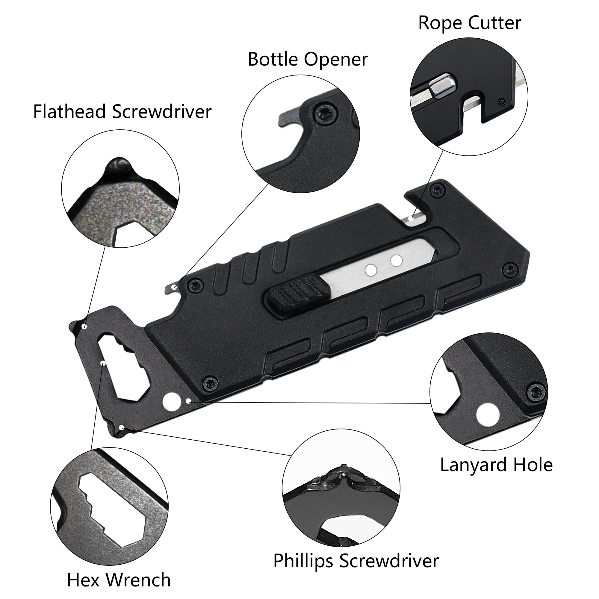 ALBATROSS Utility Knife - Multi-Tool with 3 SK5 Replaceable Blades, Screwdrivers, Wrench, Rope Cutter, and Bottle Opener, Aluminum Handle (Black)