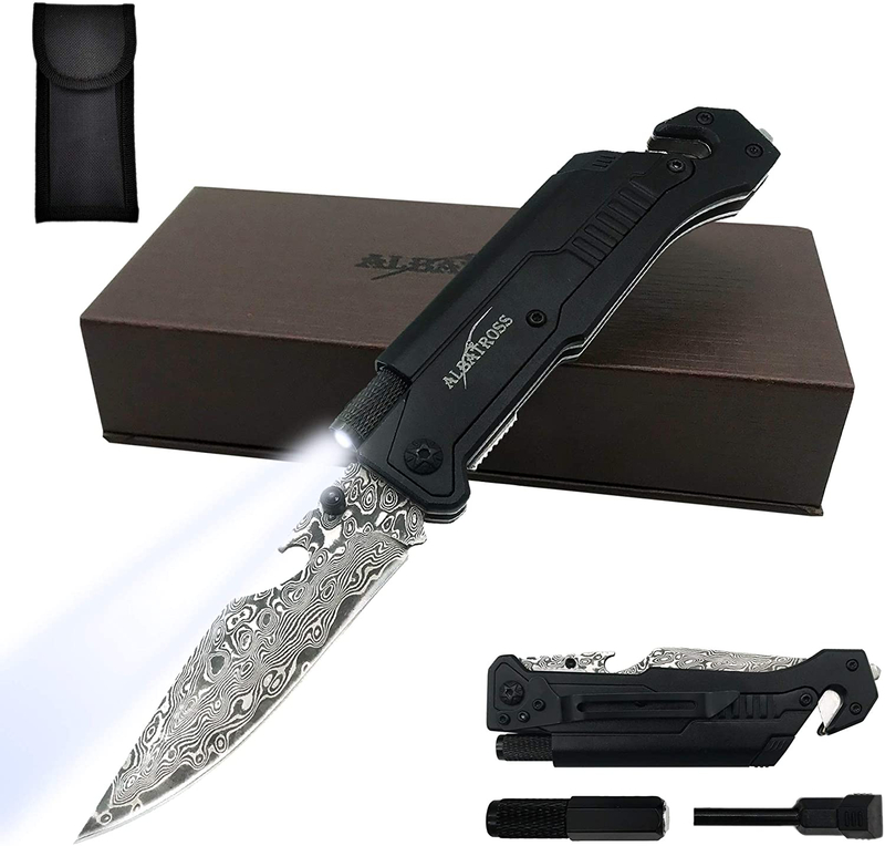 ALBATROSS FK001 Black Damascus 6-in-1 Multi-Function Emergency Tool Survival Tactical Military Folding Pocket Knife