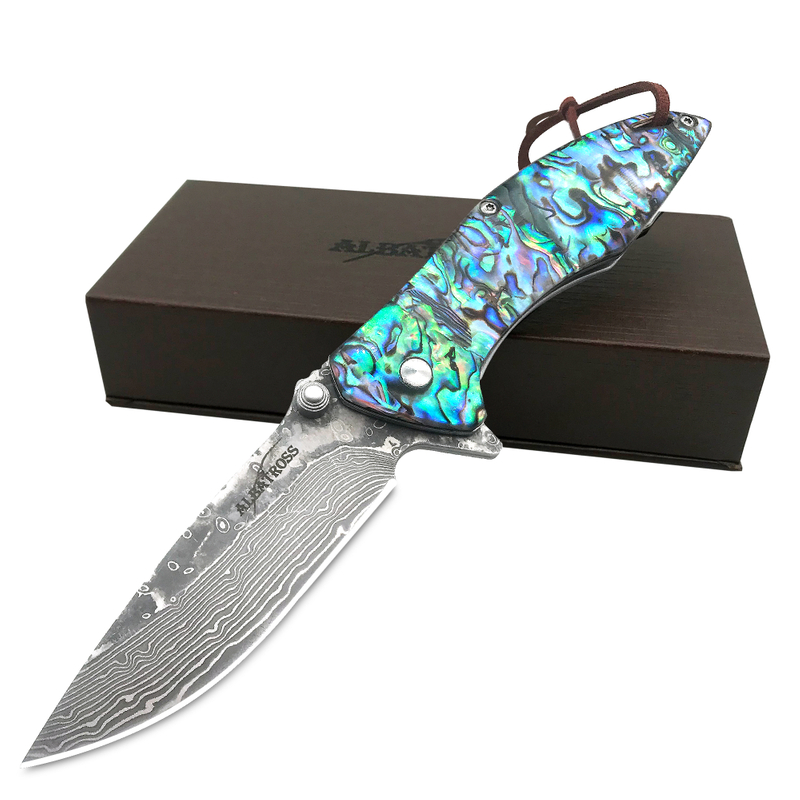 ALBATROSS HGDK021B Frame Lock 7.25" Abalone Seashells Handle Modern Damascus Steel Folding Pocket Knife 