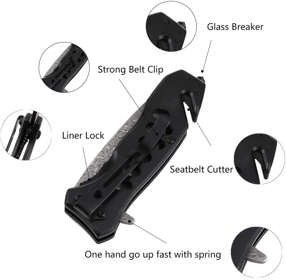 ALBATROSS FK003 Black EDC Damascus Steel Tactical Folding Pocket Knife,SpeedSafe Spring Assisted Opening Knifes with Liner Lock,Pocketclip,Glass Breaker,Seatbelt Cutter