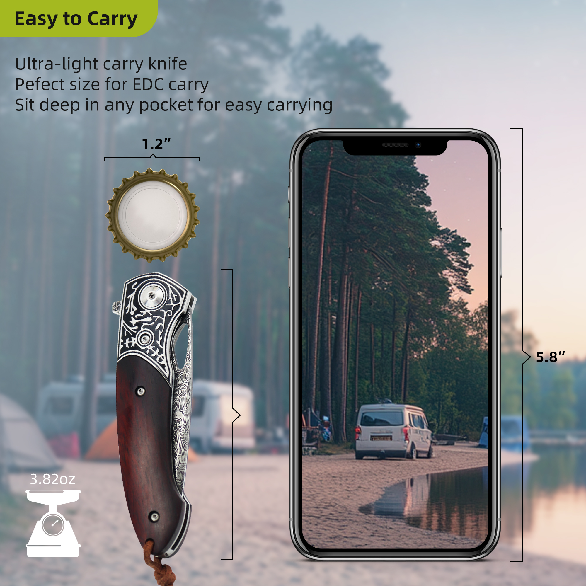 ALBATROSS HGDK032 Premium Folding Pocket Knife - 3" Damascus Steel Blade, Yellow Sandalwood Handle - Compact Outdoor EDC Tool for Camping, Fishing, Hiking