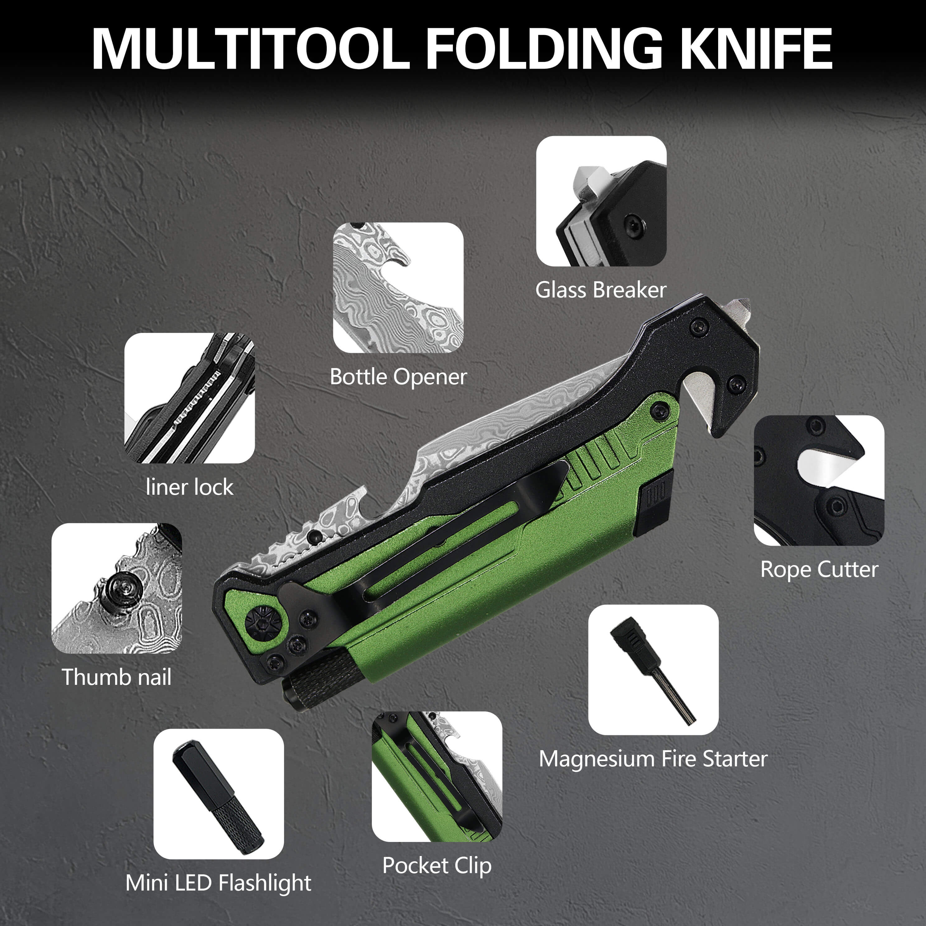 Damascus Multitool Knife with LED Light & Fire Starter – 6-in-1 Pocket Knife FK001DA