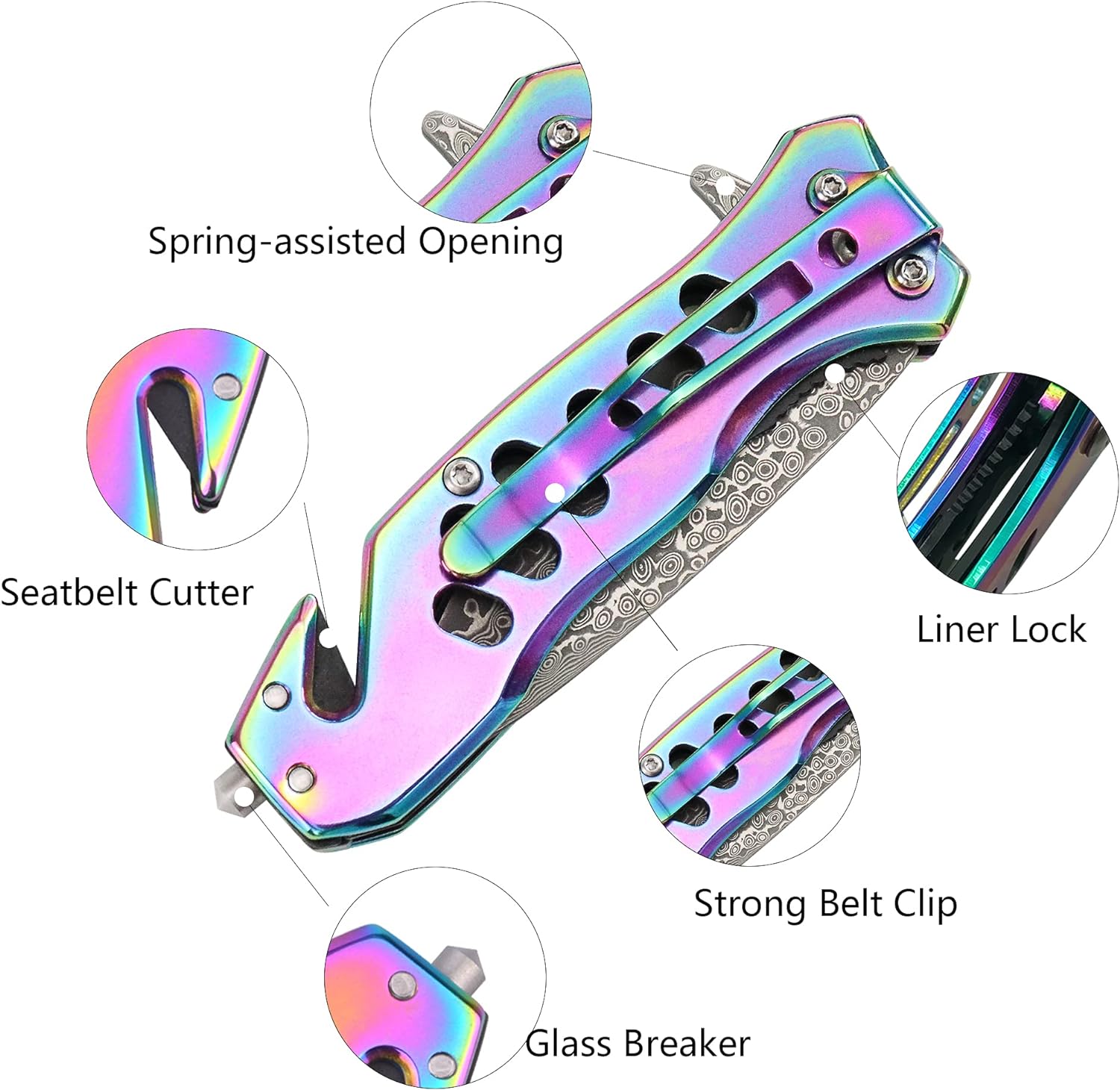 ALBATROSS FK003 Color EDC Damascus Steel Tactical Folding Pocket Knife,SpeedSafe Spring Assisted Opening Knifes with Liner Lock,Pocketclip,Glass Breaker,Seatbelt Cutter