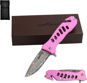 ALBATROSS FK003 Pink EDC Damascus Steel Tactical Folding Pocket Knife,SpeedSafe Spring Assisted Opening Knifes with Liner Lock,Pocketclip,Glass Breaker,Seatbelt Cutter