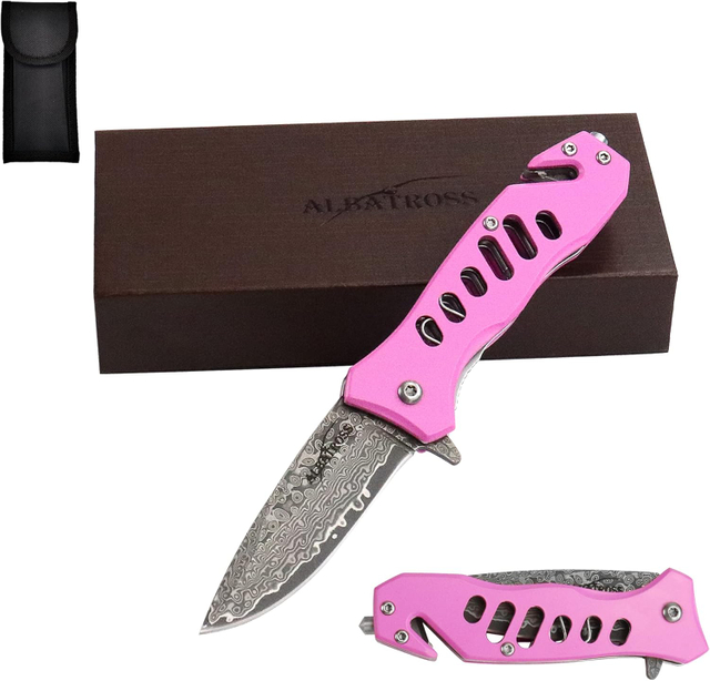 ALBATROSS FK003 Pink EDC Damascus Steel Tactical Folding Pocket Knife,SpeedSafe Spring Assisted Opening Knifes with Liner Lock,Pocketclip,Glass Breaker,Seatbelt Cutter