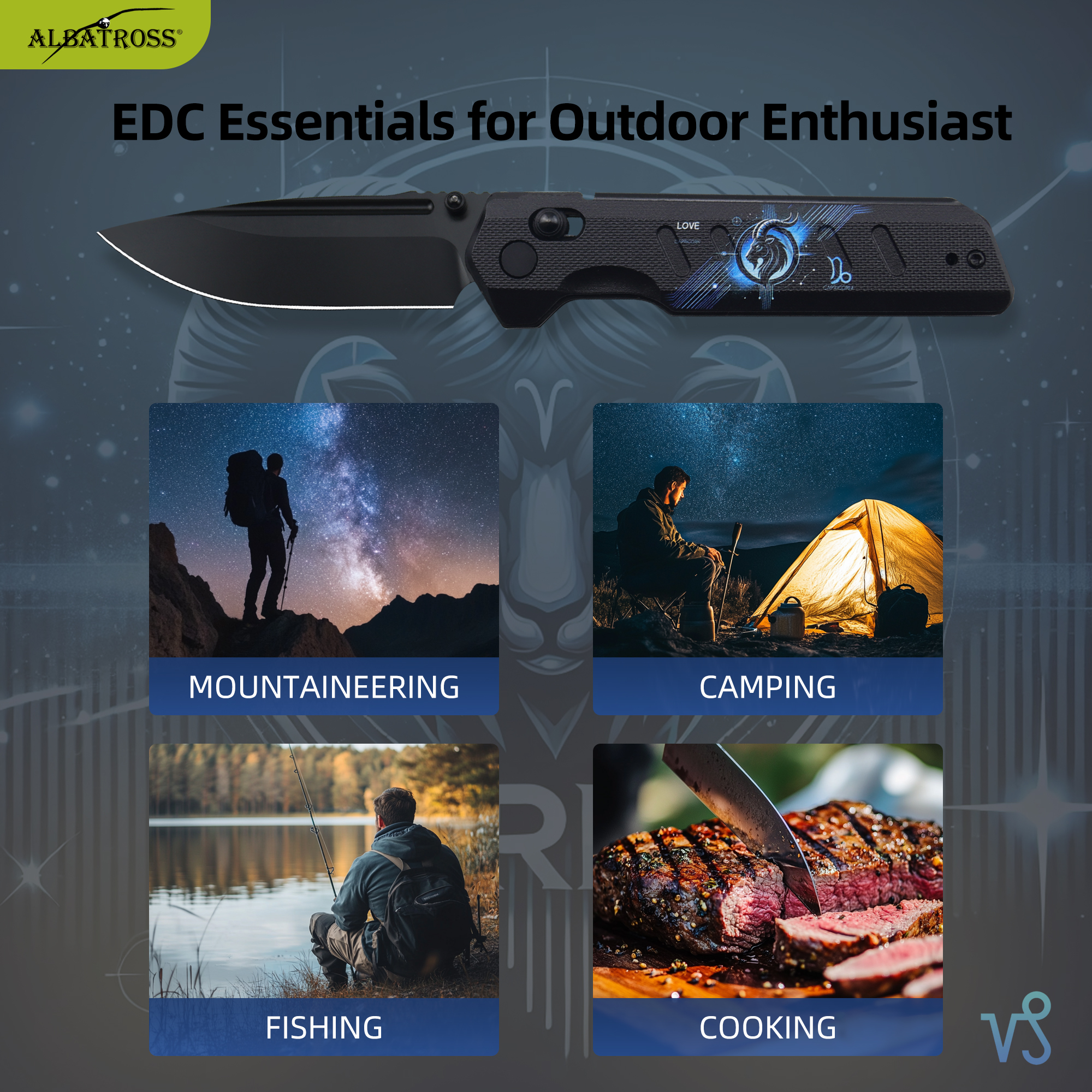 ALBATROSS Capricorn VG10 Steel Pocket Folding Knife - 4.3" G10 Handle, Axis Lock, EDC Camping Hunting, Zodiac Collection Gift, Handmade Gift Box