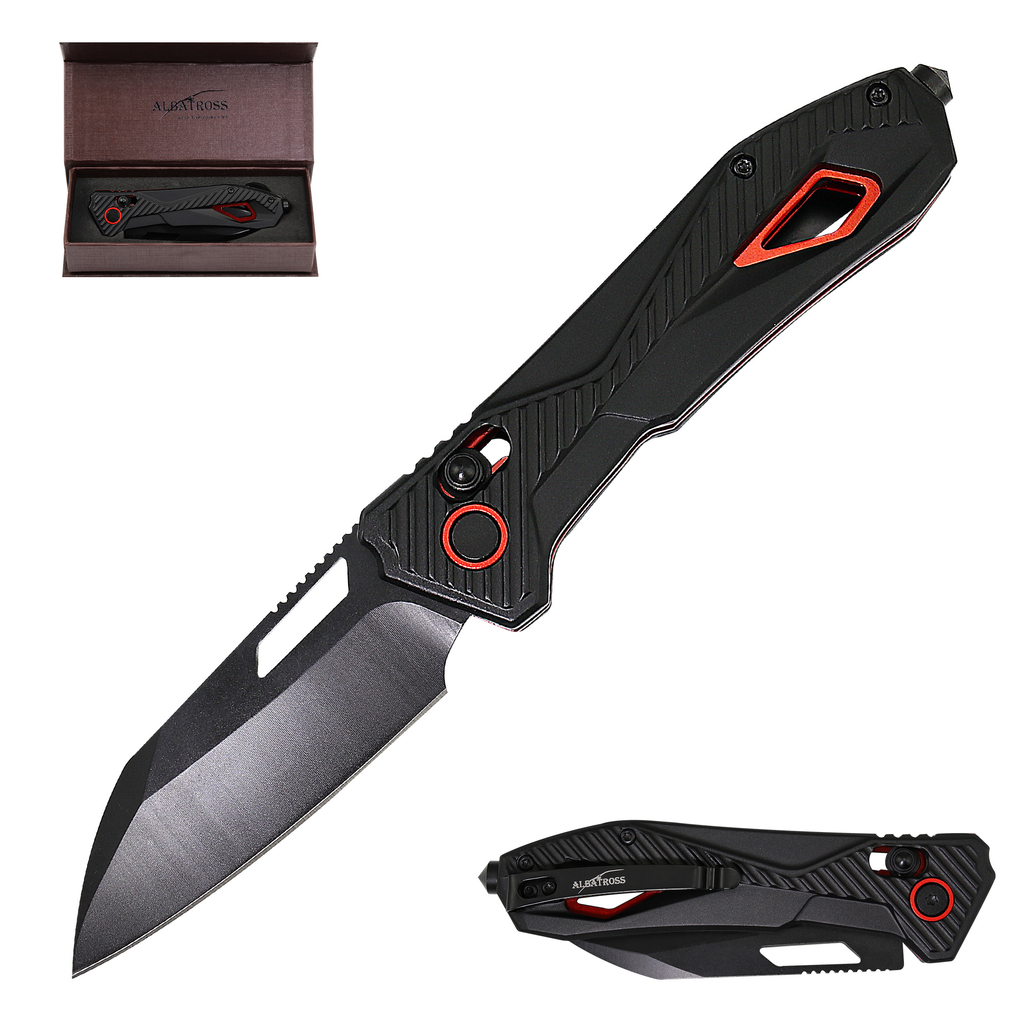 7.6" Folding Pocket Knife, 2.7" Black Blade, Red Black Anodized Aluminum Handle with Axis Lock and Glass Breaker, Premium Gift Box