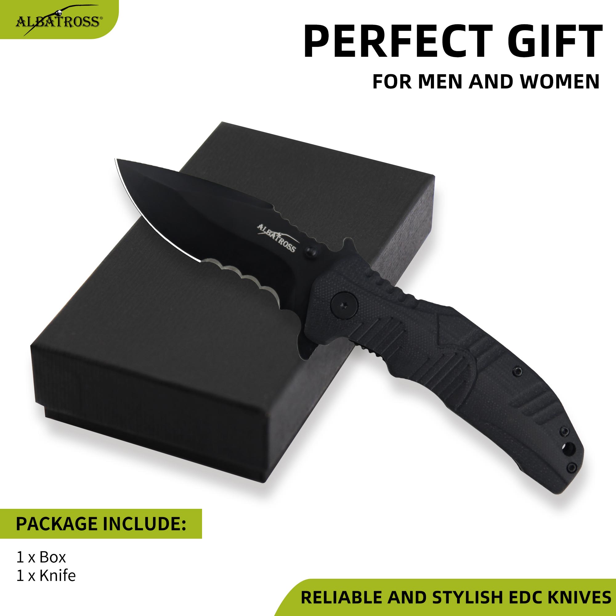 ALBATROSS EDC Pocket Knife - Tactical Folding Knife with D2 Steel Blade, Black G10 Handle, Deep Carry Clip - Outdoor Survival Gear for Men - AS-XH2186
