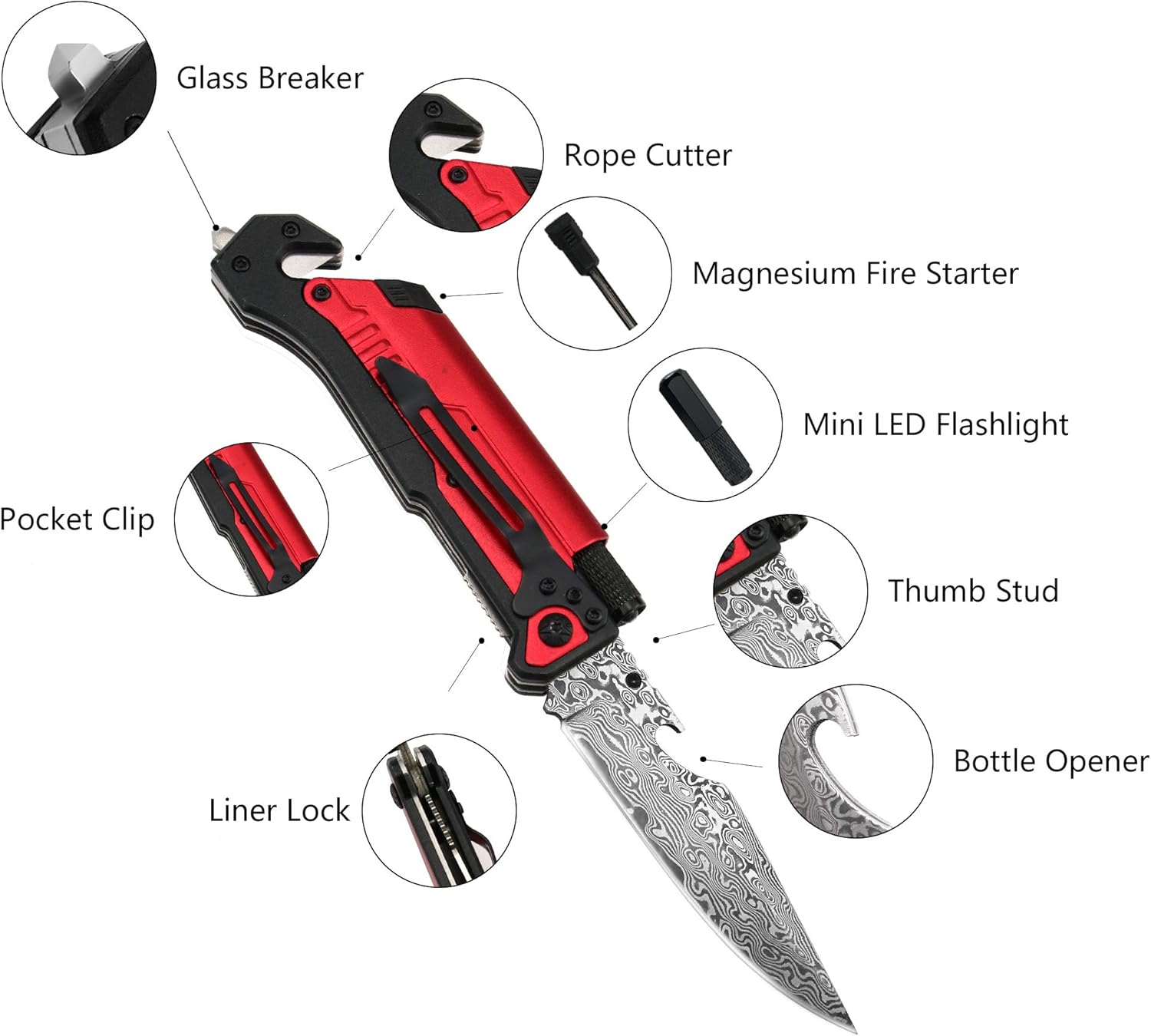 ALBATROSS 6-in-1 Damascus Steel Folding Pocket Knife with LED Light, Seatbelt Cutter, Glass Breaker, Fire Starter, Bottle Opener - Multi-Function Emergency Tool (RED)