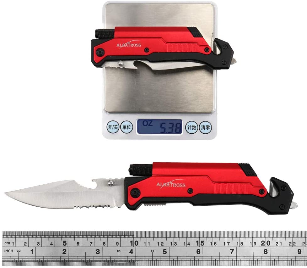 ALBATROSS 6-in-1 Survival Tactical Folding Pocket Knife with LED Light, Seatbelt Cutter, Glass Breaker, and Fire Starter (RED-SA)