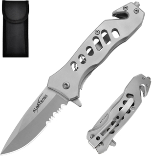 ALBATROSS FK003 Gray EDC Serrated Blade Stainless Steel Tactical Folding Pocket Knife,SpeedSafe Spring Assisted Opening Knifes with Liner Lock,Pocket clip,Glass Breaker,Seatbelt Cutter