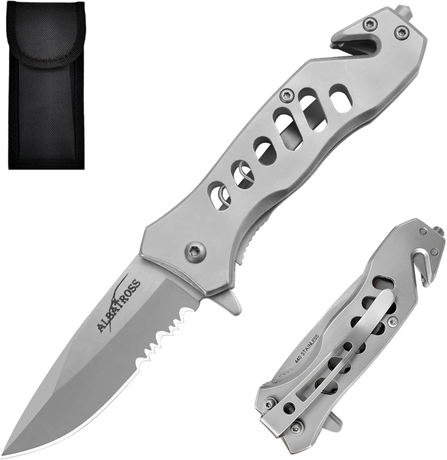 ALBATROSS FK003 Gray EDC Serrated Blade Stainless Steel Tactical Folding Pocket Knife,SpeedSafe Spring Assisted Opening Knifes with Liner Lock,Pocket clip,Glass Breaker,Seatbelt Cutter