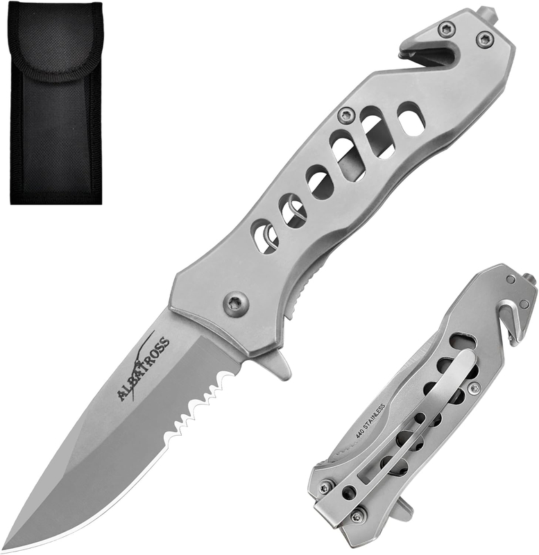 ALBATROSS FK003 Gray EDC Serrated Blade Stainless Steel Tactical Folding Pocket Knife,SpeedSafe Spring Assisted Opening Knifes with Liner Lock,Pocket clip,Glass Breaker,Seatbelt Cutter