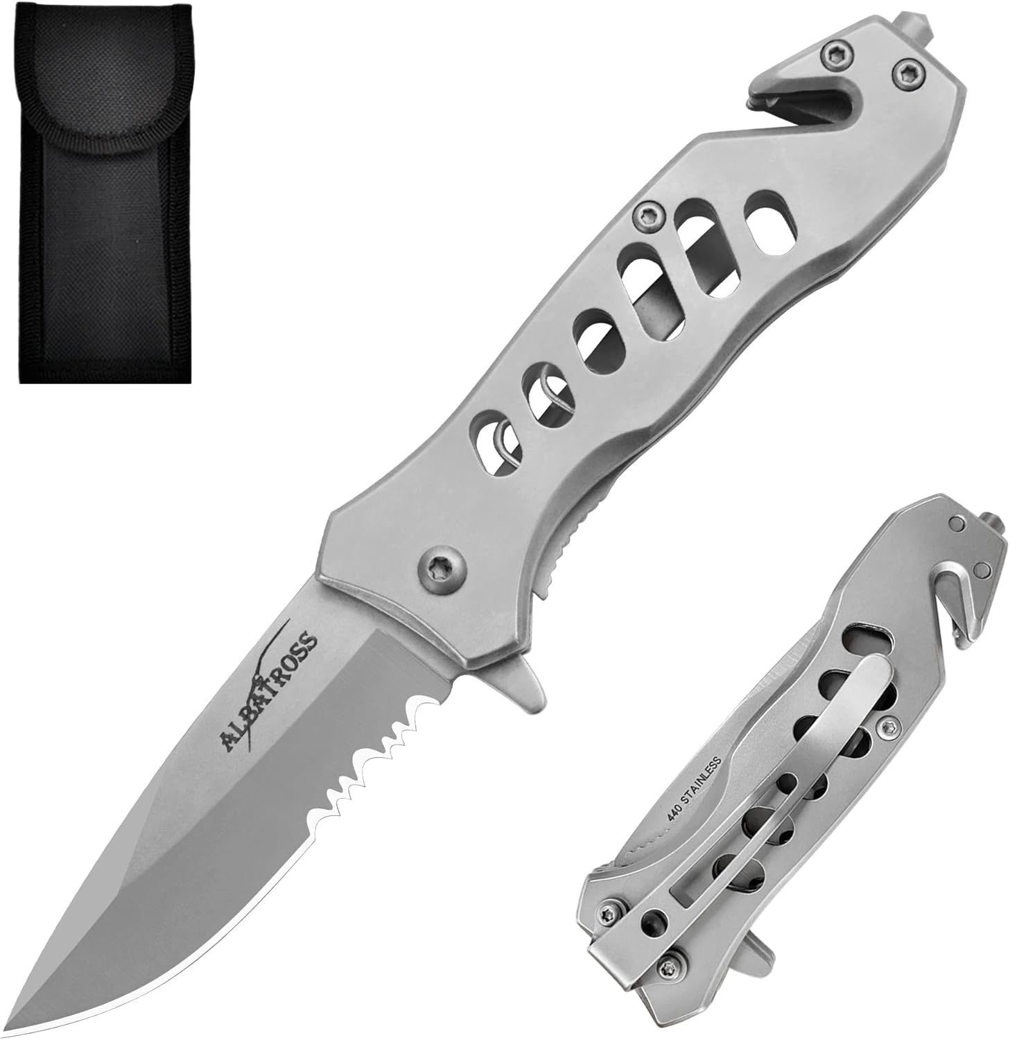 ALBATROSS FK003 Gray EDC Serrated Blade Stainless Steel Tactical Folding Pocket Knife,SpeedSafe Spring Assisted Opening Knifes with Liner Lock,Pocket clip,Glass Breaker,Seatbelt Cutter