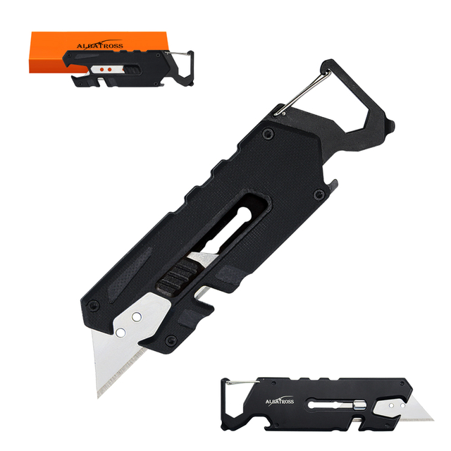 ALBATROSS Utility Knife - Multi-Tool with Replaceable Razor Blade, Screwdrivers, Rope Cutter, and Bottle Opener, G10 Handle, Includes 3 Extra Replacement Blades (Black)